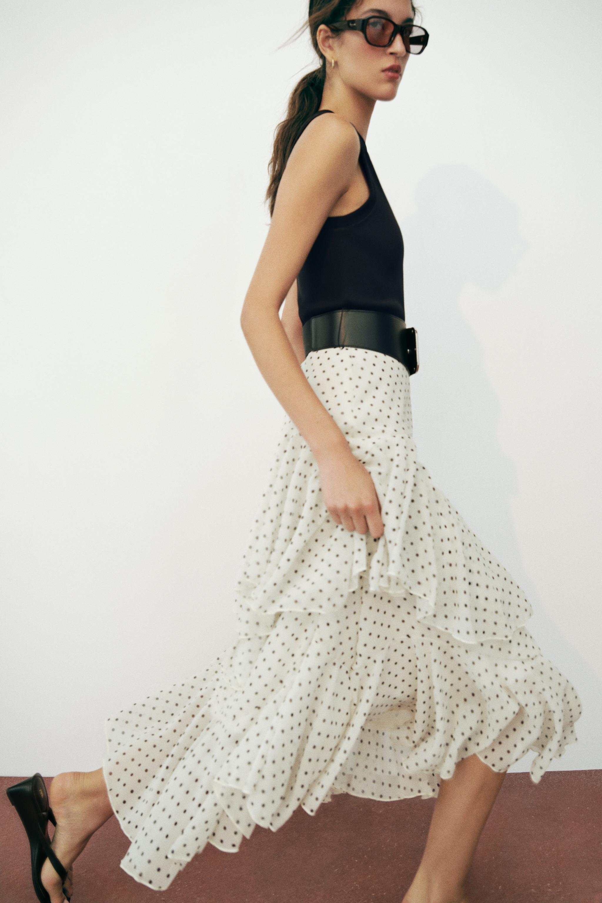 COMBINATION POLKA DOT RUFFLED BELTED DRESS